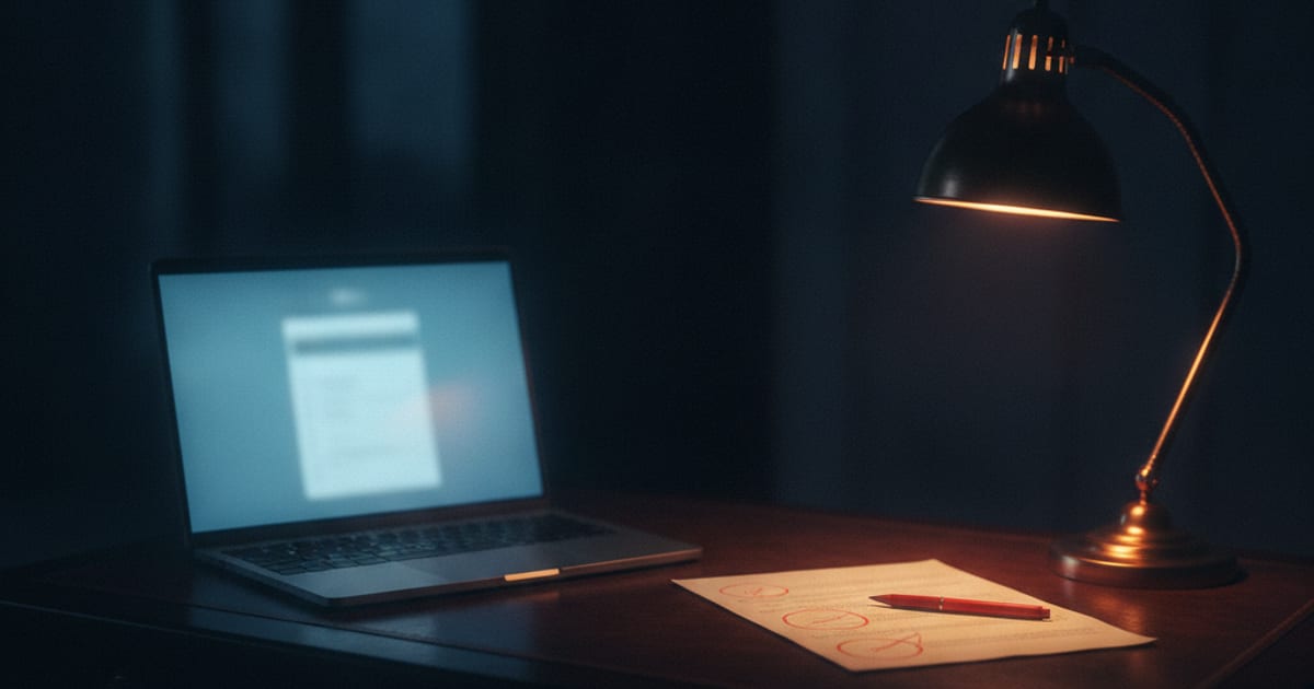 Laptop and an exam letter with red corrections on a desk at night