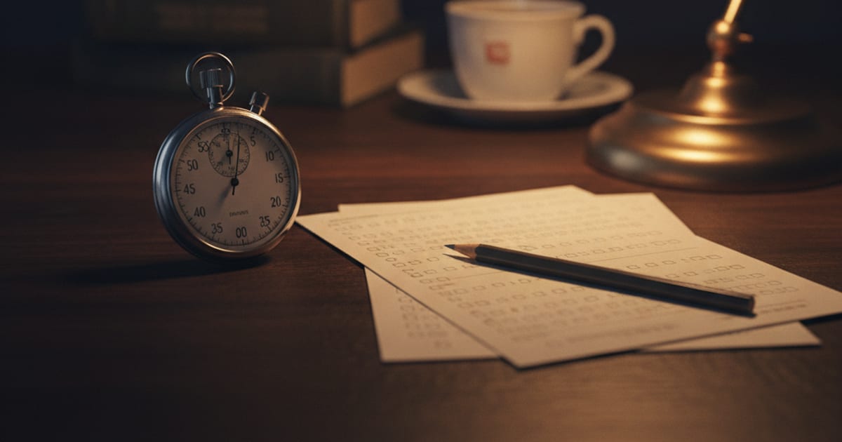 Desk at night with a stopwatch, a pencil and blank answer sheets under a brass lamp