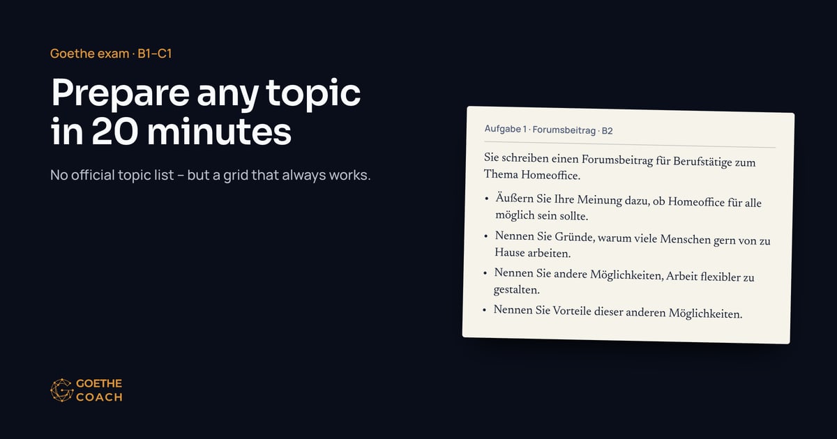 Title “Prepare any topic in 20 minutes” next to an exam sheet with a B2 forum task on working from home
