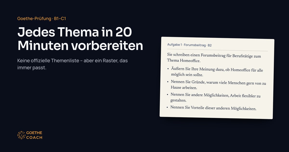 Titel „Jedes Thema in 20 Minuten vorbereiten“ neben einem Prüfungsblatt mit einer B2-Forumsaufgabe zum Thema Homeoffice