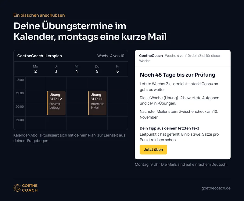 Kalenderwoche mit zwei GoetheCoach-Übungsterminen am Dienstag und Donnerstag um 19 Uhr und die Montagsmail: Noch 45 Tage bis zur Prüfung, Ziel der letzten Woche erreicht, diese Woche 2 bewertete Aufgaben und 3 Mini-Übungen, nächster Meilenstein Zwischencheck, ein Tipp aus dem eigenen Text