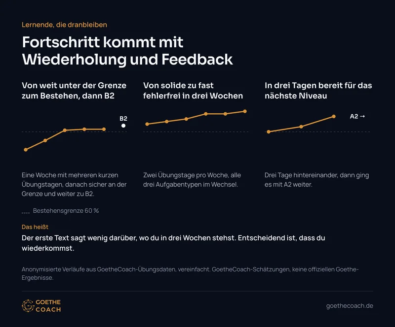 Drei vereinfachte Übungsverläufe: B1 von weit unter 60 % zur Bestehensgrenze und weiter zu B2; B1 von 75 % auf über 90 % in drei Wochen; A1 von 60 % auf 90 % in drei Tagen, dann A2