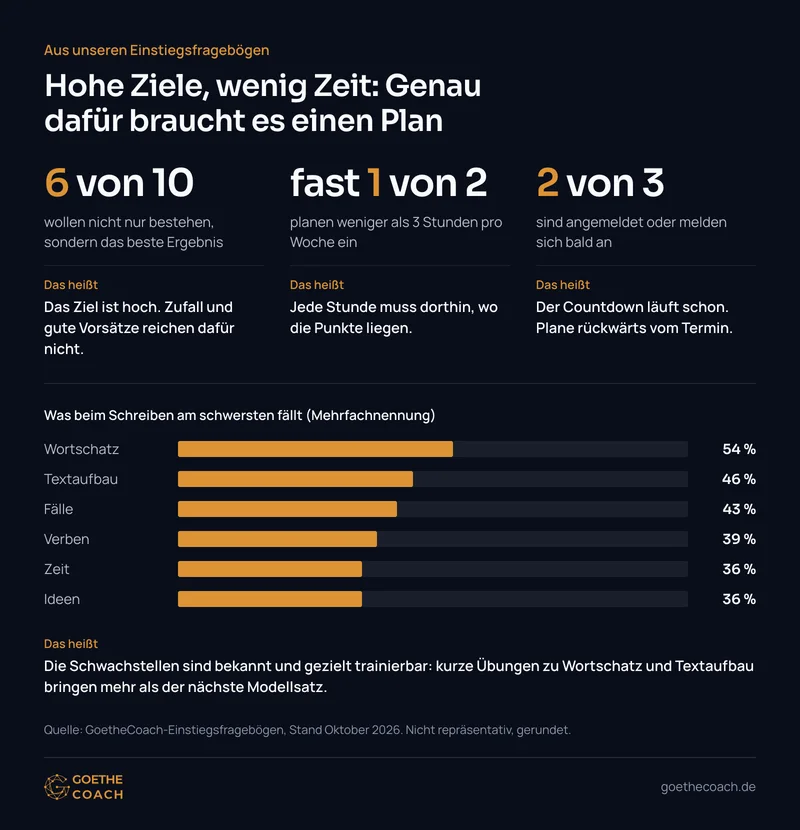 Einstiegsfragebögen: 6 von 10 wollen das beste Ergebnis, fast 1 von 2 plant unter 3 Stunden pro Woche, 2 von 3 sind angemeldet oder melden sich bald an. Schwerste Bereiche beim Schreiben (Mehrfachnennung): Wortschatz 54 %, Textaufbau 46 %, Fälle 43 %, Verben 39 %, Zeit 36 %, Ideen 36 %