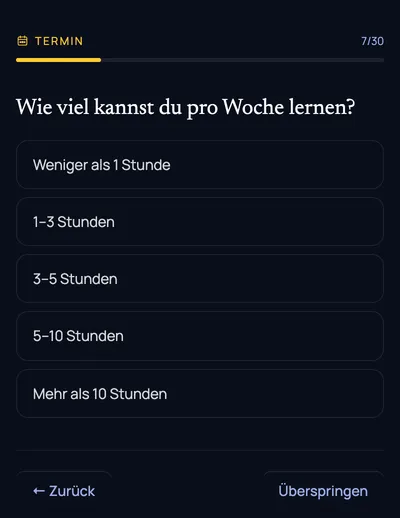 Eine Frage pro Bildschirm: Zeit pro Woche