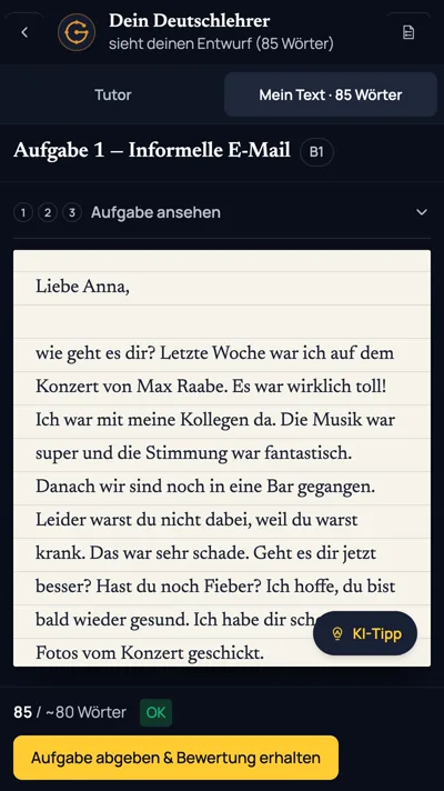 Schreiben auf dem Prüfungsblatt, Wörter gezählt