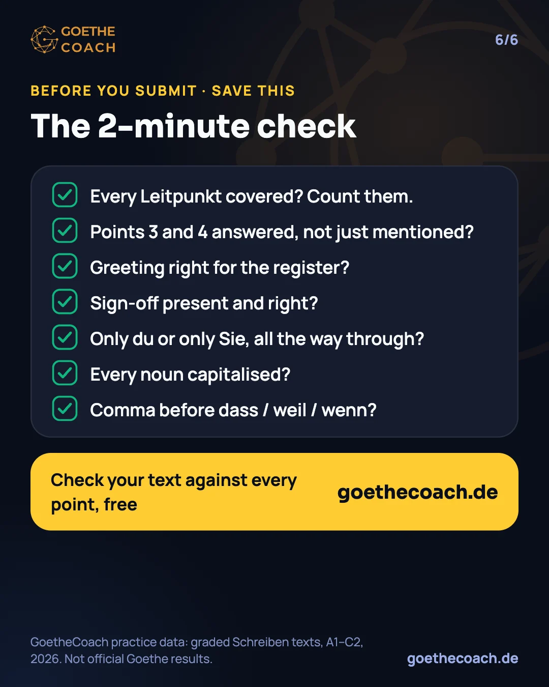 Checklist: every Leitpunkt covered; points 3 and 4 answered, not just mentioned; greeting right for the register; sign-off present; only du or only Sie; every noun capitalised; comma before dass, weil, wenn.